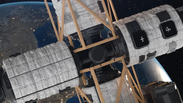 空间旅行概念 航天飞机 宇宙飞船的近景 国际空间站在大气层上空飞行 高质量3D插图 — 图库照片