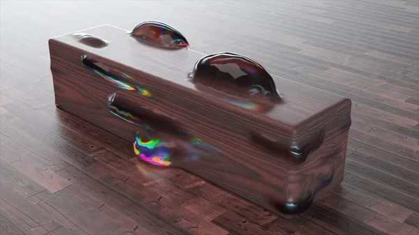 Concepto Abstracto Grandes Burbujas Iridiscentes Aparecen Desaparecen Superficie Trozo Madera — Foto de Stock