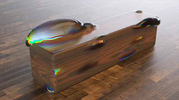 Concepto Abstracto Grandes Burbujas Iridiscentes Aparecen Desaparecen Superficie Trozo Madera — Foto de Stock