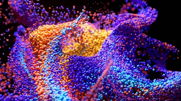 Whirlwind of colored particles on a black isolated background. Video animation with surreal liquid color mixing splash. High quality 3d illustration