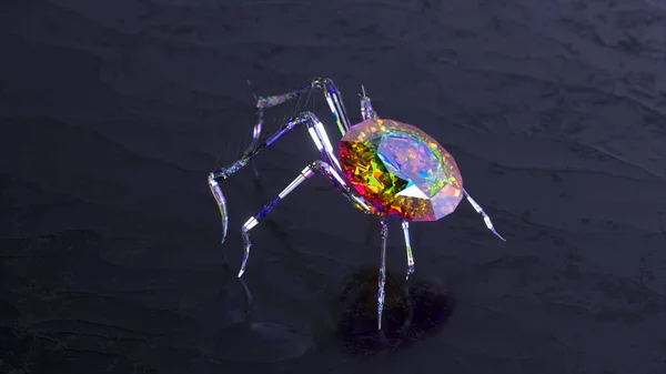 在光滑的镜面上行走的蜘蛛 身体是用钻石做的 高质量3D插图 — 图库照片