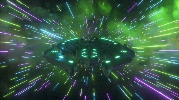 Science Fiction Konzept Das Raumschiff Fliegt Durch Die Neongrünen Linien — Stockfoto