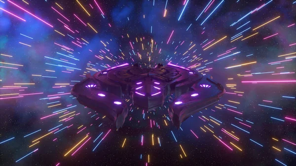 Das Raumschiff Fliegt Durch Einen Tunnel Mit Farbigen Linien Neon — Stockfoto