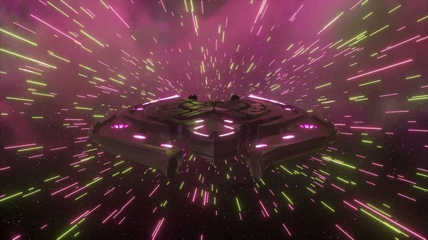 Sfの概念 宇宙船はネオンの紫色の線を通って飛ぶ 未来的照明回廊 技術だ 高品質の3Dイラスト — ストック写真