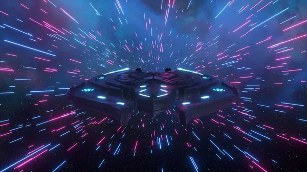 Science Fiction Konzept Das Raumschiff Fliegt Durch Die Neonblauen Linien — Stockfoto