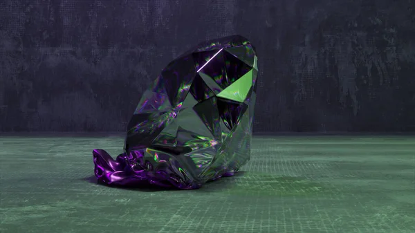 Absztrakt Fogalom Egy Nagy Zöld Gyémánt Leesik Betonpadlóra Lila Ruhává — Stock Fotó