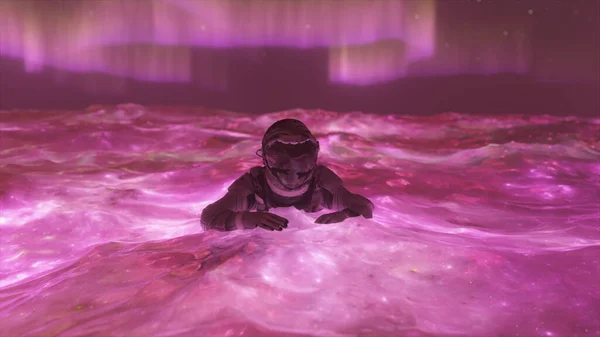 空间抽象概念 宇航员在红色的太空水中游泳 尼昂Aurora Borealis 高质量3D插图 — 图库照片
