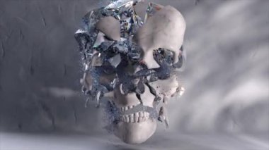 Soyut kavram. Beyaz kafatası birçok elmas parçasına ayrılır. Ağır çekim. Beyaz arka plan. 3D animasyon. Yüksek kalite 4k görüntü