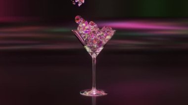 Elmaslar martini bardağını ağzına kadar doldurup etrafa saçıyor. Buz küpü düşüyor. Kokteyl camı. Neon pembe renk. 3D animasyon. Yüksek kalite 4k görüntü