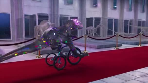 钻石恐龙在恐龙骷髅的背景下骑自行车 红地毯外层空间博物馆 3D动画 高质量的4K镜头 — 图库视频影像