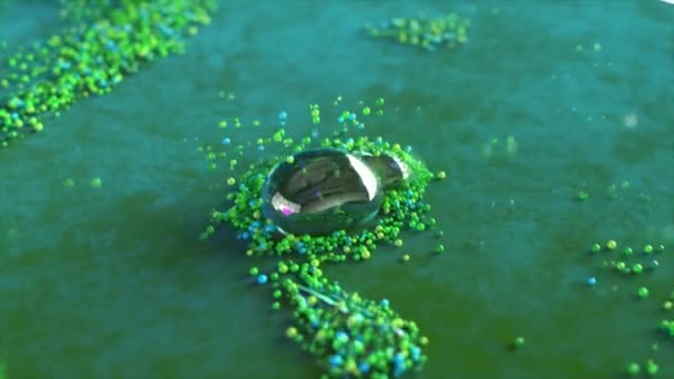 一个金属泡沫在地板上膨胀 变成了一个标志 字母M 绿色颗粒和围绕徽章的充气圆圈 3D动画 高质量的4K镜头 — 图库视频影像