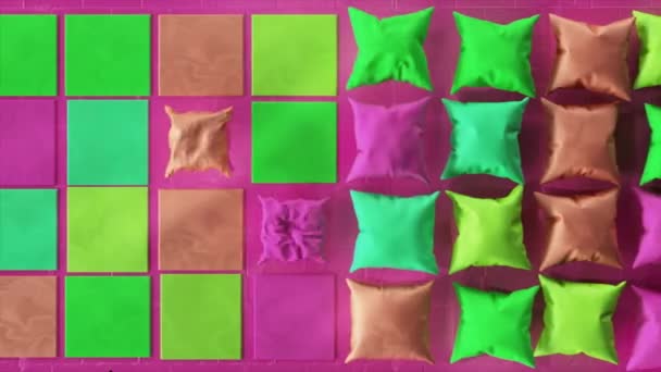 Abstrakcyjna Koncepcja Kolorowe Kwadraty Tkaniny Zamieniają Się Poduszki Gra Wideo — Wideo stockowe