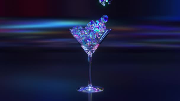 抽象概念 ダイヤモンドアイスはマティーニグラスに落ち リムをテーブルの上にこぼします たくさんのダイヤモンド 青ネオン透明色 ガラスのゴブレット 3Dアニメーション 高品質4K映像 — ストック動画