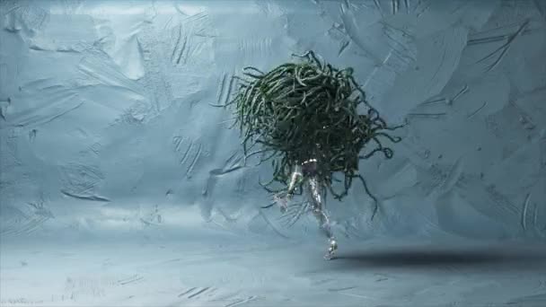 Абстрактное Понятие Волосатая Фигура Форме Человека Танцует Против Белой Стены — стоковое видео