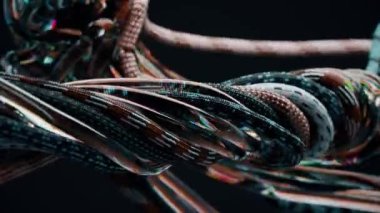 Karışık kablolar, ipler, şeffaf borular. Veri transferi. Kaotik hareketler. Düğüm, bağ, bükülme. Gergin ve rahat. Ağır çekim. Yakın plan. 3D animasyon. Yüksek kalite 4k görüntü
