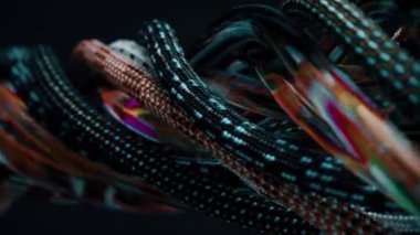 Karışık kablolar, ipler ve şeffaf borular siyah arka planda rastgele hareket eder. Düğüm, bağ, bükülme. Gergin ve rahat. Ağır çekim. Yakın plan. 3D animasyon. Yüksek kalite 4k görüntü