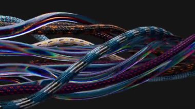 Çok renkli ve şeffaf kablolar, kıvrılmış ve birbirine dolanmış, estetik bir kafa karışıklığı yaratır. Düzensiz hareket. Siyah izole edilmiş arka plan. 3D animasyon. Yüksek kalite 4k görüntü