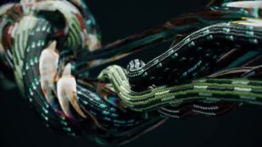 Birçok renkli kablolar ve ipler tek bir akıntıya bağlıdır. Kablolar hareket ediyor, iç içe geçiyor. Şeffaf gökkuşağı rengi. 3D animasyon. Yüksek kalite 4k görüntü