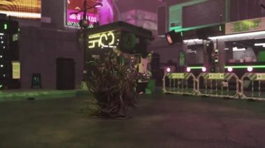  Siber punk şehri. Şehir arka planında yeşil saçlı şeffaf bir adam dans ediyor. Pembe neon tabelalar. Gece şehri. 3D animasyon. Yüksek kalite 4k görüntü
