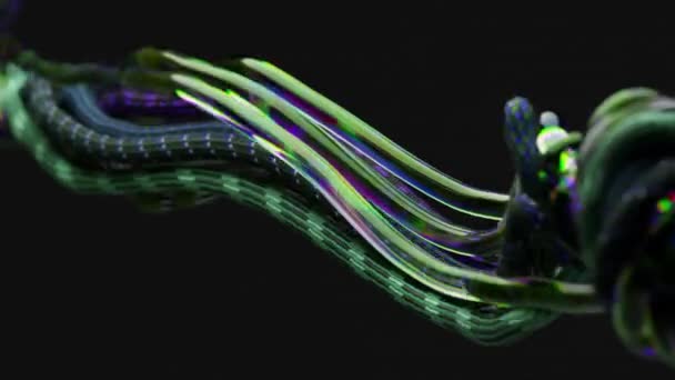 摘要概念 透明的管子和编织的电缆弯曲 打开黑色孤立的背景 绿色的霓虹灯色 3D动画 高质量的4K镜头 — 图库视频影像