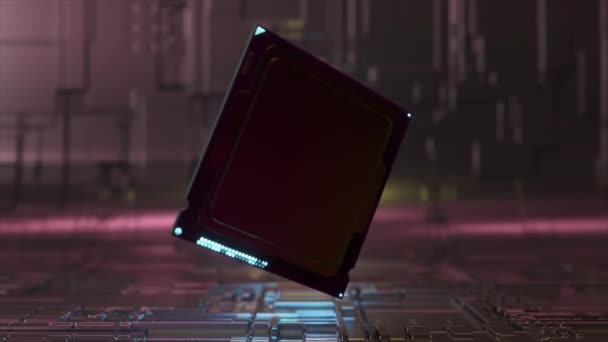 Konsep Teknologi Tinggi Mikrochip Berputar Atas Lantai Lampu Neon Merah — Stok Video