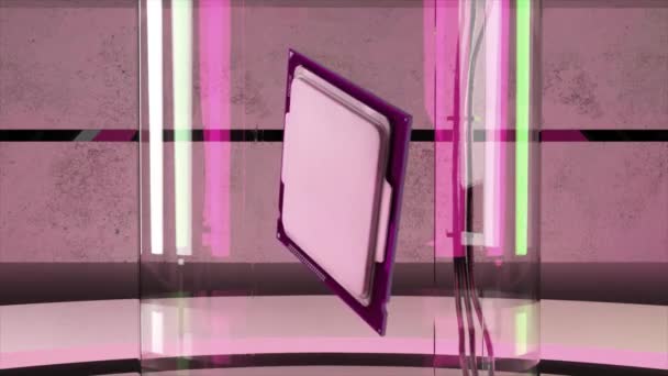 Tekniskt Koncept Mikrochipet Roterar Ovanför Golvet Rosa Neonljus Abstrakt Bakgrund — Stockvideo