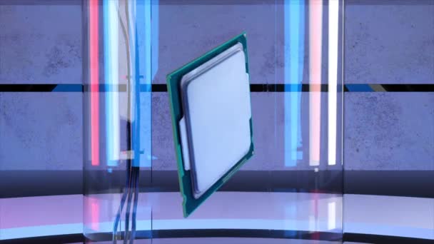 Koncept Mikročip Otáčí Nad Podlahou Modré Neonové Světlo Detailní Záběr — Stock video
