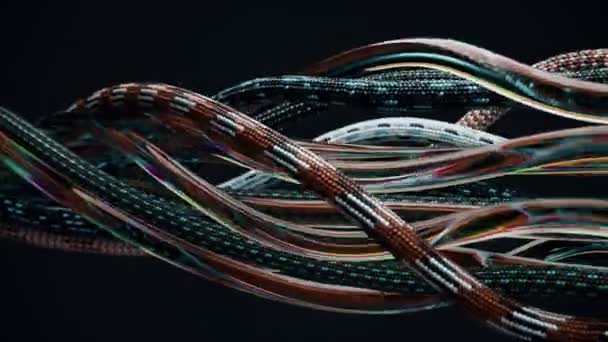 Запутанные Провода Веревки Прозрачные Трубки Перемещаются Случайным Образом Черном Фоне — стоковое видео