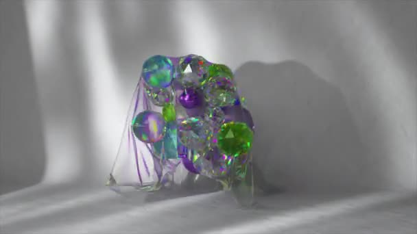 抽象概念 ダイヤモンドと金属色のボールは波で動きます 宝石だ 虹の輝き 透明マントだ 3Dアニメーション 高品質4K映像 — ストック動画