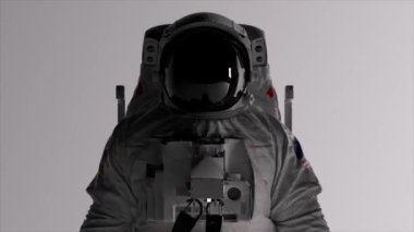  Uzay konsepti. Beyaz arka planda bir astronotun başı. Işıklar değişiyor. Miğfer. Karanlık ve aydınlık. Duvardaki gölgeler. Kusursuz bir döngünün 3 boyutlu animasyonu. Yüksek kalite 4k görüntü