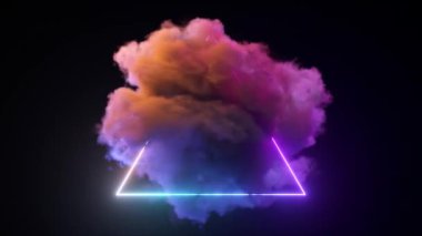 Siyah izole edilmiş arka planda parlak mistik neon bir üçgen. Üçgenin etrafında ve içinde bulut var. Tüttür. Fantastik modern tasarım. Mavi pembe renk. Kusursuz döngünün 3d animasyonu. 