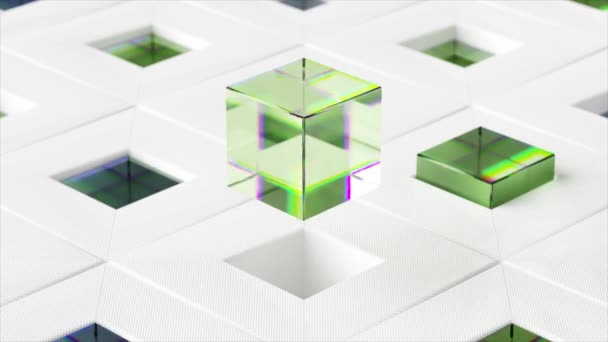Abstrakt Begrepp Flerfärgade Glasbitar Framträder Från Fyrkantiga Celler Vit Blank — Stockvideo