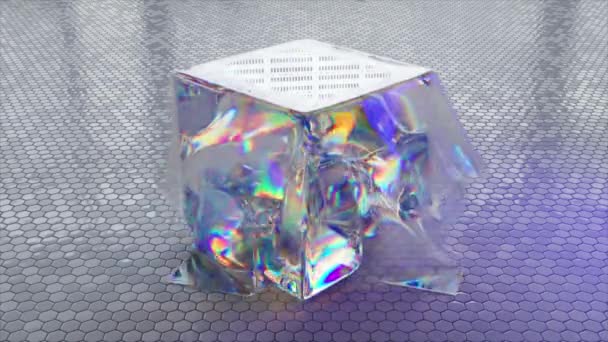 Cubo Transparente Con Líquido Diamante Vivo Interior Encuentra Una Baldosa — Vídeo de stock