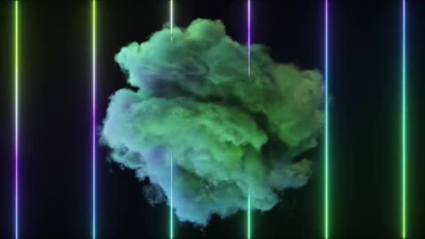 明亮的神秘云在霓虹灯垂直线的背景下旋转 神奇的现代设计 蓝色绿色 3D动画无缝循环 高质量的4K镜头 — 图库视频影像