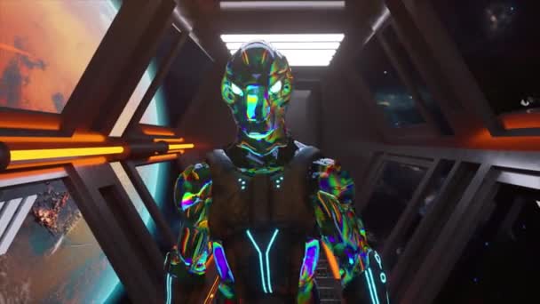 Alien Walking Spaceship Close Mars Orbit Neon Diamond Clothes Space — Stock Video