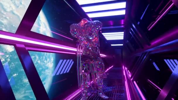 钻石僵尸在地球的背景下穿过一个空间霓虹灯隧道 僵尸击中了宇航员 宇航员落水 太空恐怖片 3D动画 — 图库视频影像