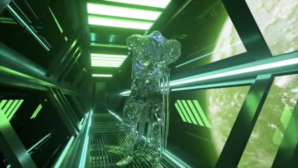 Diamant Zombie Går Genom Rymd Neon Tunnel Mot Bakgrund Planeten — Stockvideo