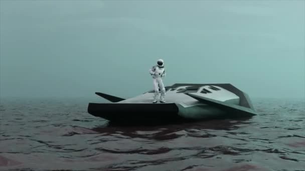 Conceito Espacial Astronauta Dança Popa Barco Moderno Meio Espaço Oceânico — Vídeo de Stock