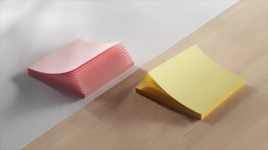 Ofis masasındaki çıkartmalar vantilatör gibi açılıp kapanıyor. Kırmızı ve sarı yapışkan notlar. Kusursuz bir döngünün 3 boyutlu animasyonu. Yüksek kalite 4k görüntü