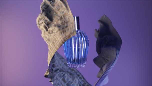 Концепция Рекламы Элегантный Флакон Духов Изолированном Фиолетовом Фоне Ткань Летает — стоковое видео