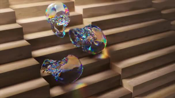 摘要概念 钻石骷髅从轻木楼梯上滑下来 云宝透明的 3D动画 高质量的4K镜头 — 图库视频影像