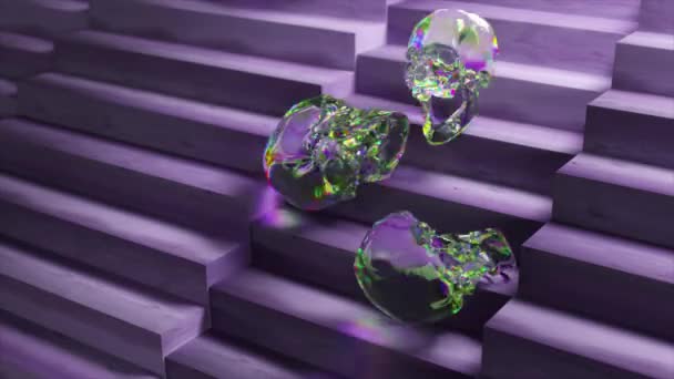 抽象概念 ダイヤモンドの頭蓋骨は紫の木の階段を滑り降りる レインボーだ 3Dアニメーション 高品質4K映像 — ストック動画