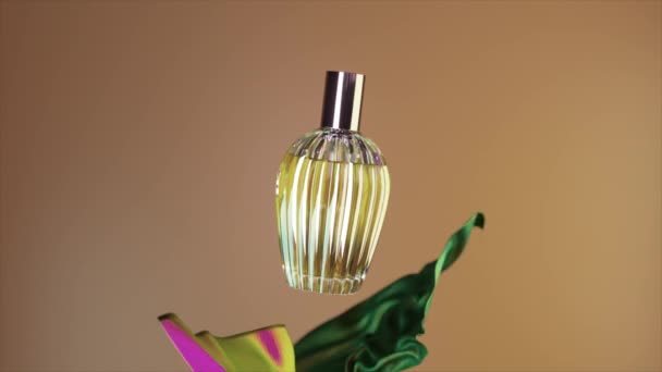 Güzellik Konsepti Soyut Bir Bej Arka Planda Parfüm Şişesi Pek — Stok video