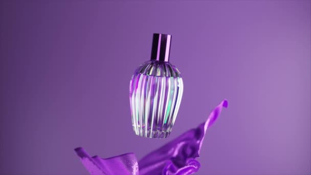 Koncepcja Reklamy Elegancka Butelka Perfum Odizolowanym Fioletowym Tle Tkanina Leci — Wideo stockowe