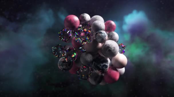 Cluster Planets Diamonds Attracted Each Other Abstract Cosmic Background Astronauts — Stock Video