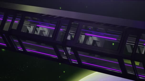 技术和未来的概念 孤独的宇航员在一个未来派科幻走廊中行走 紫色霓虹灯 3D动画 高质量的4K镜头 — 图库视频影像