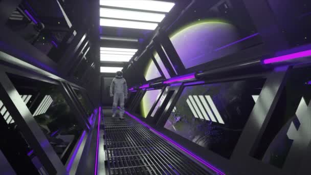 宇宙飛行士は宇宙船のトンネルを歩く Sf未来の宇宙回廊 月の軌道 青いネオンライト 3Dアニメーション 高品質4K映像 — ストック動画