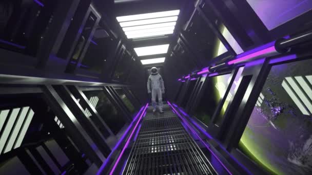 Teknik Och Framtida Koncept Astronaut Går Rymdskeppstunnel Sci Skyttelkorridor Lila — Stockvideo