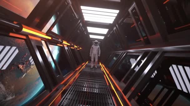 宇航员在宇宙飞船的隧道中行走 科幻未来的空间走廊 火星轨道 橙色霓虹灯 3D动画 高质量的4K镜头 — 图库视频影像