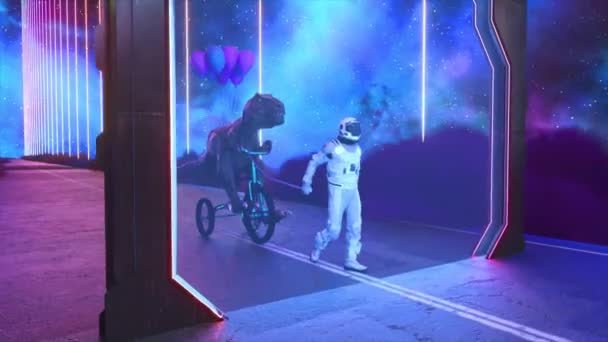 Astronaute Tire Dinosaure Sur Vélo Réalité Transforme Diamant Des Ballons — Video